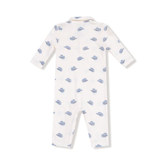 Angel Dear Polo Romper - Petite Cowboy Boots
White baby onesie with blue whale pattern on a white background