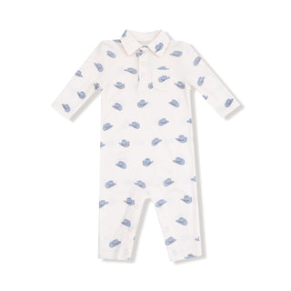 Angel Dear Polo Romper - Petite Cowboy Boots
White baby onesie with blue whale pattern on a white background