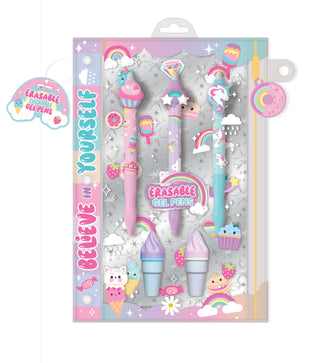 Hot Focus Click & Erasable Gel Pen Set - Rainbow
Packaged set of erasable gel pens with colorful design and text on a white background