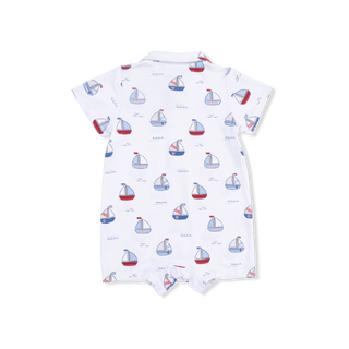 Angel Dear Polo Shortie romper for babies featuring a bubbly sailboats blue pattern, soft cotton fabric, and comfortable fit.