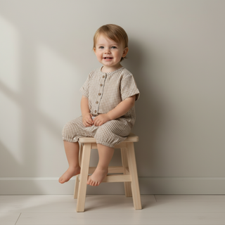 Makemake Organics organic short bubble romper in caramel check pattern, featuring a comfortable, breathable design for babies.