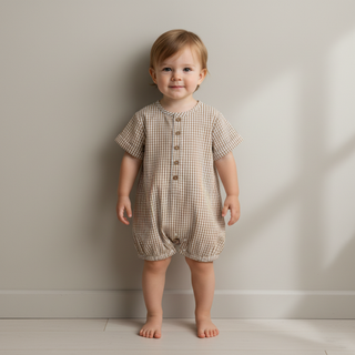Makemake Organics organic short bubble romper in caramel check, soft fabric with a playful checkered pattern for babies.