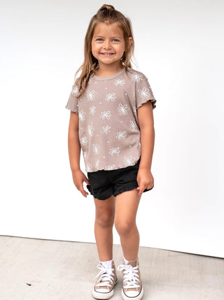Little Bipsy Floral Ribbed Lettuce Trim Tee - Mushroom