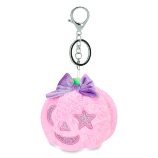 Iscream Pumpkin Bag Charm
A pink plush pumpkin keychain with embroidered star and moon eyes, a purple bow, and a silver key ring clasp on a white background.