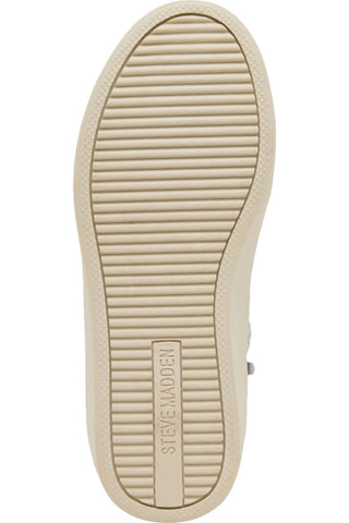 Steve Madden Kid's Delight High Top Sneaker - Silver
Top-down view of a beige rubber shoe sole with horizontal grooves and the brand name 'STEVE MAADEN' embossed in the center.