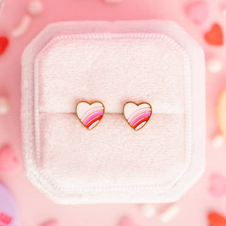 Pierced Co. Rainbow Heart Earrings
Heart-shaped earrings in a white box with a pink heart-themed background