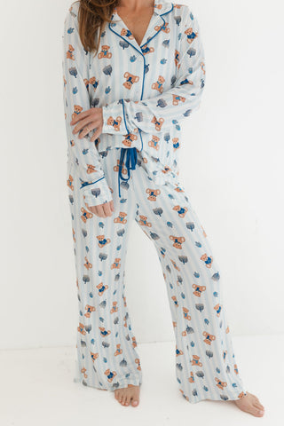 In My Jammers Hanukkah Bears Women's Set
Person wearing a patterned pajama set on a white background