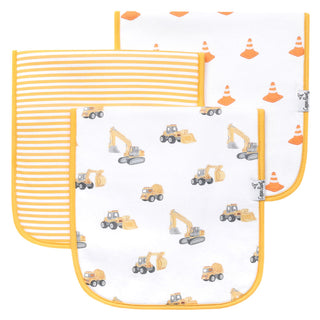 Copper Pearl Burp Cloth Set - Dozer
Two baby blankets with yellow borders, one featuring a white background with yellow and gray construction vehicle prints and the other featuring yellow and white horizontal stripes, displayed on a white background.