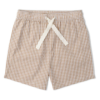 Makemake Organics organic shirt and shorts set in caramel check pattern, casual 2-piece outfit for comfortable style.