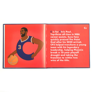 Suns Legends Alphabet Hardcover Book
Open book with illustration of a basketball player and text on a red background