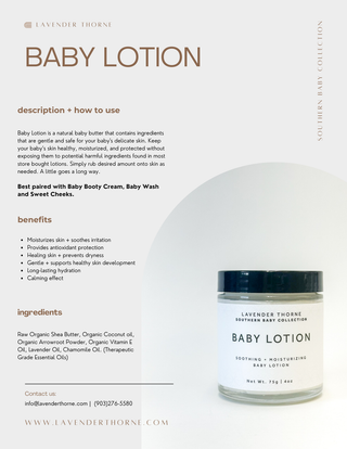 Lavender Thorne baby lotion moisturizer bottle with lavender flower design on the label, suitable for gentle infant skin care.
