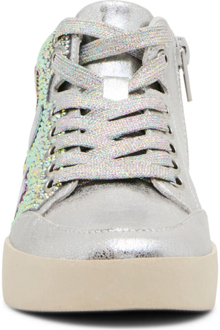 Steve Madden Kid's Delight High Top Sneaker - Silver
A close-up of a metallic silver high-top sneaker with iridescent glittery laces and a side zipper, set against a plain white background.