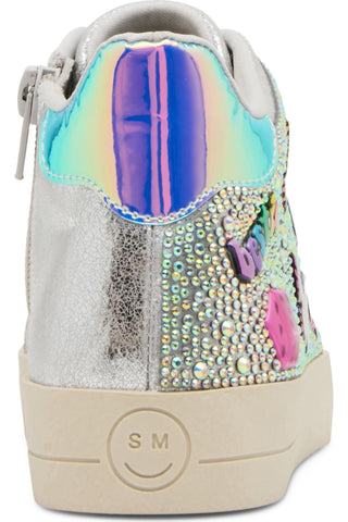 Steve Madden Kid's Delight High Top Sneaker - Silver
A close-up rear view of a sneaker featuring a metallic silver heel, a side panel covered in iridescent rhinestones, a holographic purple and green heel tab, and a beige sole with an embossed smiley face and 'SM' logo.