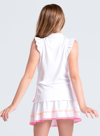 White Lucky In Love girls lace frill tank top with delicate ruffle details and sleeveless design, perfect for casual wear.