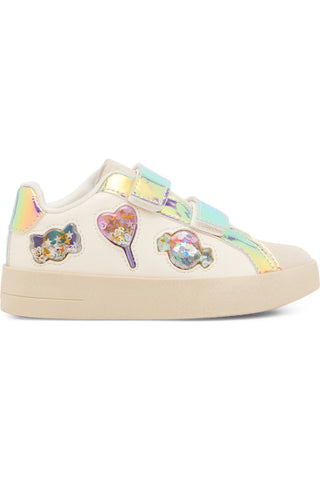 Steve Madden Toddler Fetti Sneaker
A low-top children's sneaker in off-white with iridescent holographic accents on the straps and heel, decorated with three colorful cartoon candy patches on the side, set against a plain white background.