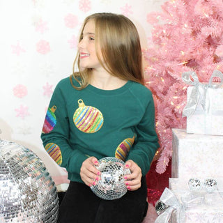 Paper Flower, Paper Flower Christmas Ornaments All Over Sequins Crop Sweatshirt - Green - Basically Bows & Bowties