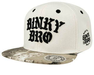 BinkyBro Kids Durban SB Hat
White cap with black text and camouflage brim on a white background