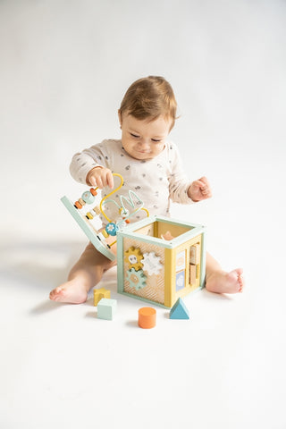 Kalencom Multi-Activity Cube
Baby playing with a colorful wooden toy on a white background