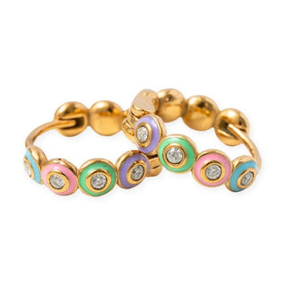 Pip Pop Post Earrings - Rainbow Enamel Hoop
A gold-plated stretch band bracelet decorated with colorful circular enamel inserts (pink, green, purple, blue) and small clear gemstones, shown on a plain white background.