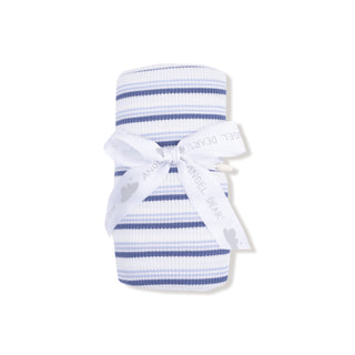Angel Dear Swaddle Blanket - Vintage Stripe Blue 
Striped baby swaddle with a white tag on a white background