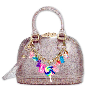 Carrying Kind Cate Handbag - Candy Crush: Multi Sparkle
Glittery handbag with colorful charm keychain on a white background