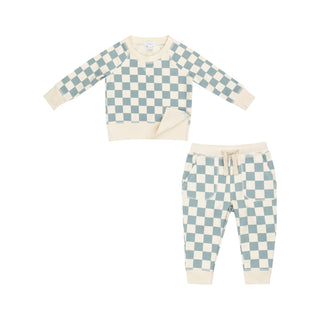 Angel Dear French Terry Raglan Sweatshirt & Jogger Set - Checkerboard Gray Mist
