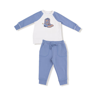 Angel Dear French Terry Raglan Sweatshirt & Jogger Set - Country Calico
Children's pajama set with white top and blue pants on a white background