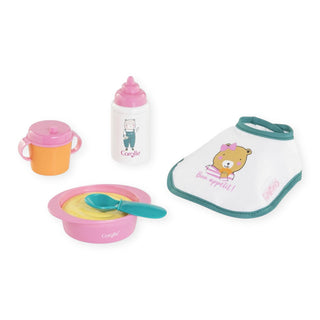 Corolle Baby Pink Small Mealtime Set for 12" Doll
Set of baby feeding items including a bottle, cup, bowl, and bib on a white background