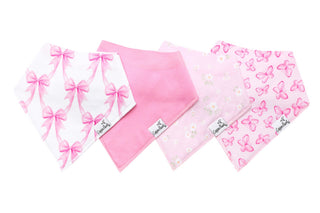 Copper Pearl Bandana Bib Set - Bow My Gosh
Four pink and white baby bandanas with bows, flowers, and butterflies, arranged in a fan shape on a white background.