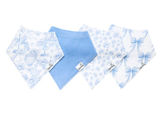 Copper Pearl Bandana Bib Set - Vintage Carnival
Four baby bandana bibs in shades of blue and white, including toile and bow patterns, arranged on a white background.