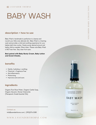 Lavender Thorne Baby Wash soap with lavender and natural ingredients, shown in a clear bottle with a gentle, soothing design.
