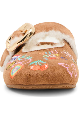 Steve Madden Kid's Faux Fur Nugget - Cognac Multi
A single brown suede slipper with white shearling lining, a gold-tone buckle strap, and colorful embroidered details including cherries, butterflies, and the words 'YOU GOT ME' on a white background.