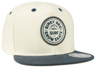 BinkyBro Kids Belhaven Hat
Beige and navy cap with 'Binky Bro' logo on a white background