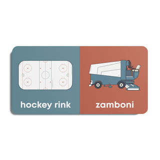 Left Hand Book House Hockey Baby board book featuring colorful illustrations of a baby playing hockey for early learning.