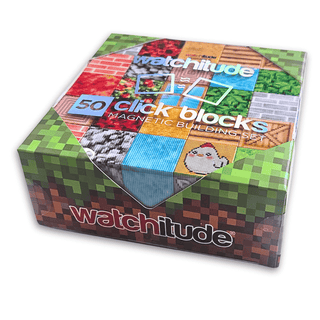 Watchitude Click Blocks magnetic building set with 50 colorful toy pieces arranged in a creative structure.