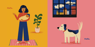 Dog's First Baby: A Board Book (Dog and Cat's First) Board Book
Illustration of a woman holding a baby and a dog looking out a window with books and clouds.