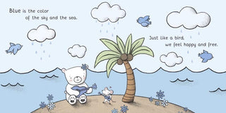 Penguin Random House Happiness Is a Rainbow (Books of Kindness) Board Book
Cartoon scene with a bear playing guitar, a bird, and a palm tree on a beach.