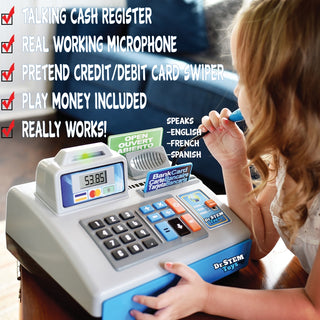 Dr. Stem Talking Cash Register Playset
Child playing with a toy cash register with features listed on the left.
