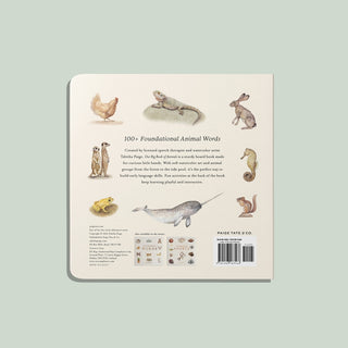 Our Big Book of Animals Board Book
The back cover of a children's book titled '100+ Foundational Animal Words' by Paige Tate & Co., featuring vintage-style illustrations of various animals on a cream background, set against a solid sage green backdrop.