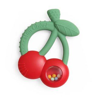 Itzy Ritzy Bitzy Shake silicone teether with rattle in cherries design, soft and colorful baby teether for soothing gums.