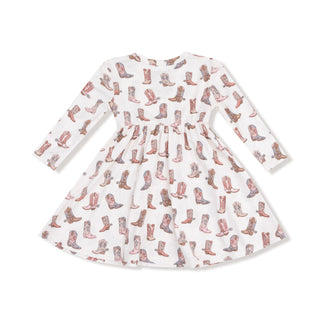 Angel Dear Twirly Long Sleeve Dress - Future Cowgirl
White dress with red cowboy boot pattern on a white background