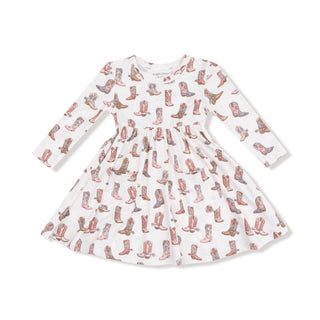 Angel Dear Twirly Long Sleeve Dress - Future Cowgirl
White dress with red cowboy boot pattern on a white background