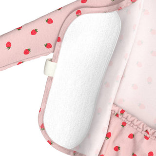 Bonsie Footie - Strawberries
Baby bouncer with pink strawberry pattern and white cushion on a white background