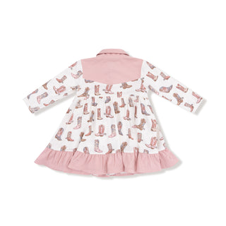 Angel Dear Long Sleeve Cowgirl Bodysuit Dress - Future Cowgirl
Children's dress with pink collar and ruffled hem, featuring a pattern of cowboy boots on a white background.