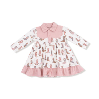 Angel Dear Long Sleeve Cowgirl Bodysuit Dress - Future Cowgirl
Children's dress with cowboy boot pattern and pink collar on a white background