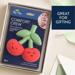 Itzy Ritzy Comfort Crew™ cherry-shaped teether with red and white cherry print, designed for soothing babies.