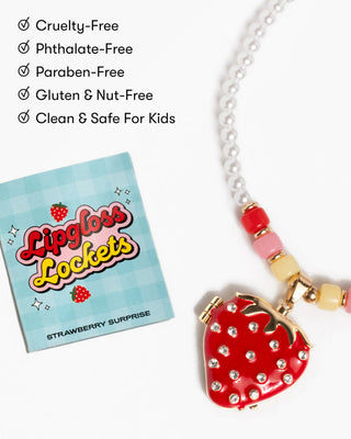Super Smalls Strawberry Surprise Lipgloss Locket
Strawberry-themed necklace with 'Lipgloss Lockets' packaging on a white background