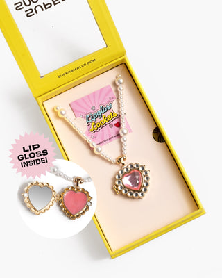 Sweetheart Surprise Lipgloss Locket
Heart-shaped lip gloss and earrings set with 'Lip Gloss Inside!' label in a yellow box.
