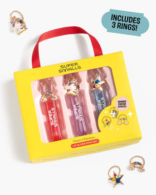 Super Smalls Gloss It Rainbow Lip Gloss Ring Set
Super Smalls lip balm set with packaging and accessories on a white background