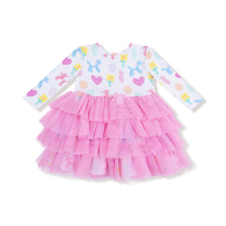 Angel Dear Twirly Long Sleeve Layered Tulle Dress - Balloon Animals Pink
Children's dress with colorful pattern and pink ruffled skirt on a white background
